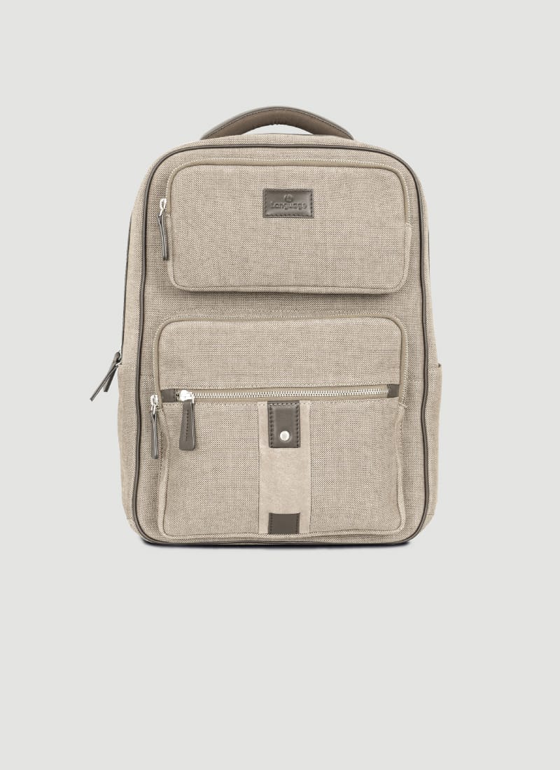 Language Shoes-Men-Rockerfeller Backpack-Combination of Fabric/Leather-Beige Colour-Leather Accessories