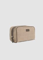 Language Shoes-Men-Rake Wash Bag-Combination of Fabric/Leather-Beige Colour-Leather Accessories